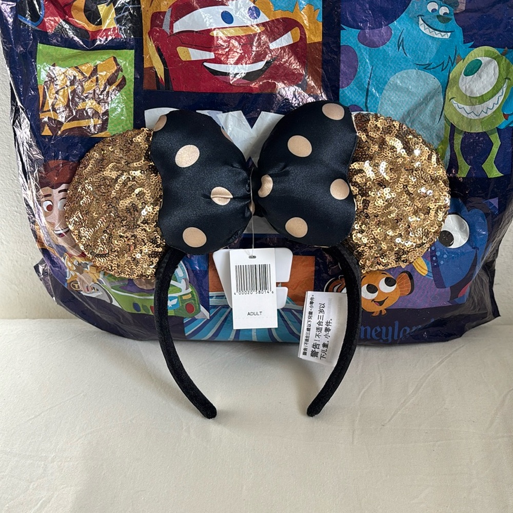 NWT Disney Parks Authentic Minnie Ears Headband Polka Dot Gold Black Sequin